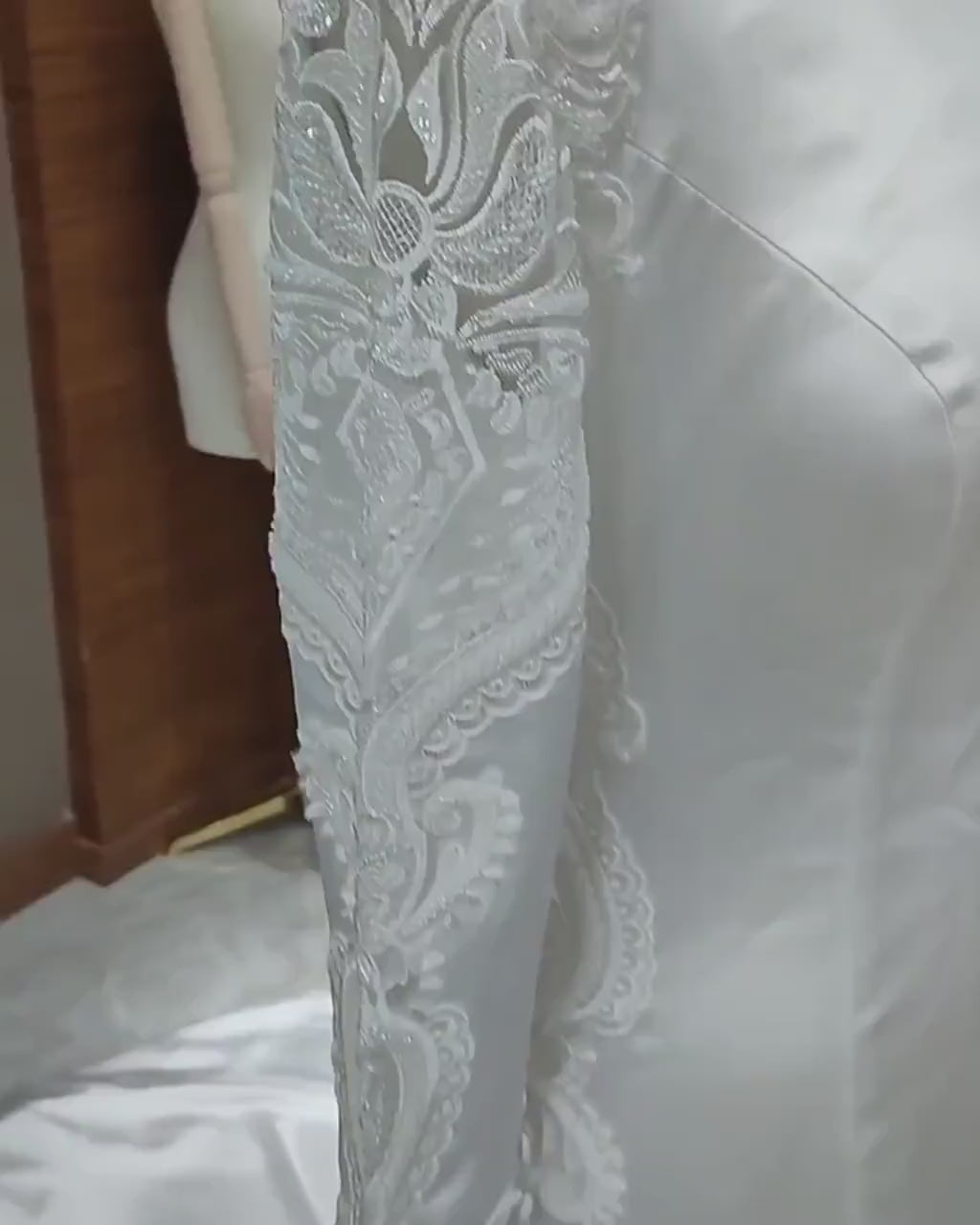 Elegant Satin with embedded lace Wedding  Dress /Beach wedding dress /bridal gown/ bohemian Long train dress/  lace dress long sleeves